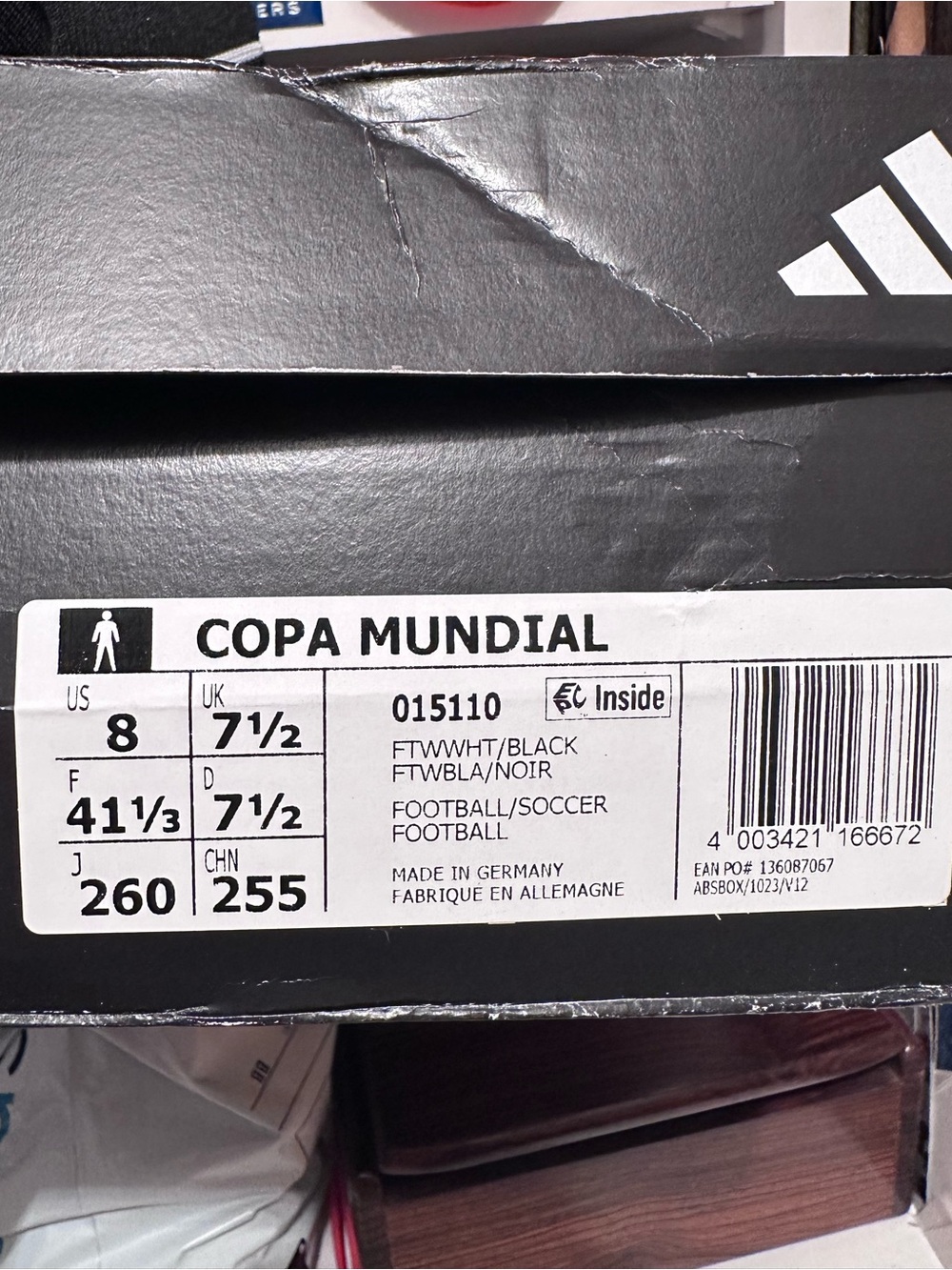 adidas Copa Mundial White and Black Soccer Shoes Boxed Size 8 - NEW